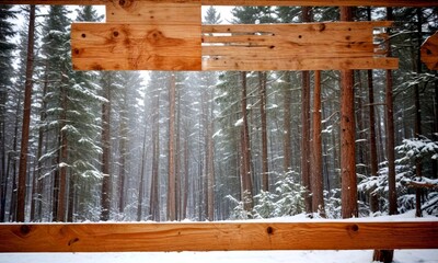 Aufkleber - A snowy forest scene with a wooden structure in the foreground