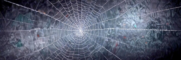 Poster - A close-up view spider web, with its intricate structure and delicate strands, set against a dark, textured background