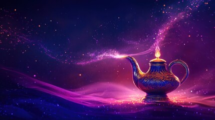 A glowing magic genie lamp on a mystical purple background, evoking enchanted Arabian nights and abstract magic