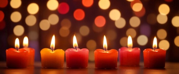 Leinwandbilder - A row of lit candles in various colors, including red, orange, and pink, set against a background of colorful bokeh lights