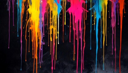 Poster - a close-up view vibrant abstract painting with a black background The painting features a series of colorful drips and splatters in various hues, including yellow,