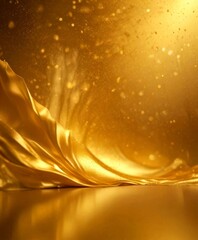 Aufkleber - a flowing golden fabric with a wave-like pattern, set against a backdrop golden glow and sparkling particles, creating a visually striking and luxurious scene