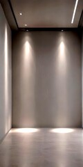 Poster - A minimalist, empty room with a gray wall and a white ceiling, featuring recessed lighting and a track lighting system