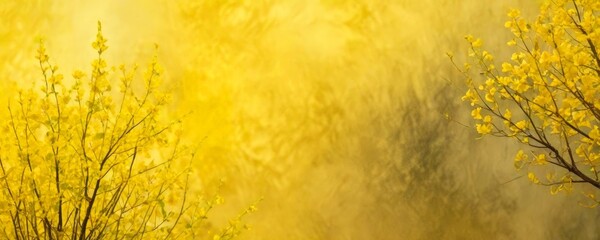 Fototapete - a close-up view of yellow flowers on a tree branch, with a blurred background that appears to be a misty or foggy scene