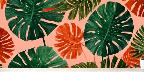Poster - A wall mural featuring a vibrant pattern of tropical leaves in shades of green, orange, and red against a pink background