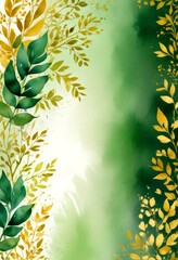 Aufkleber - a watercolor painting lush, green plant with golden leaves on the left and a green background on the right