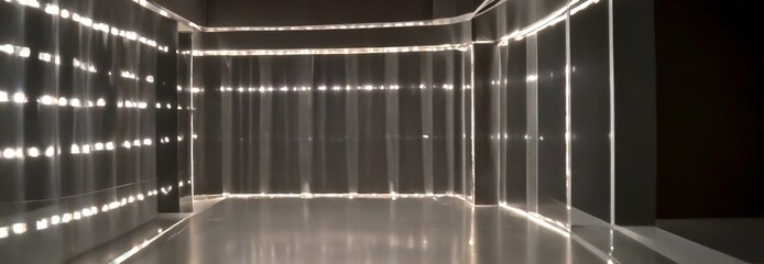 Poster - a dimly lit corridor with a series of vertical lines running along the walls, creating a sense of depth and perspective The floor is also covered in a reflective material,