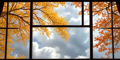 Poster - A window frame reveals a serene autumn scene, with vibrant yellow leaves framing a cloudy sky beyond