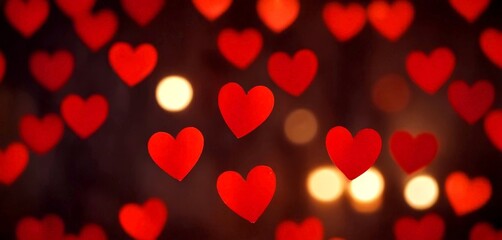 Aufkleber - Red hearts floating against a dark background, with a bokeh effect of light and dark red heart shapes