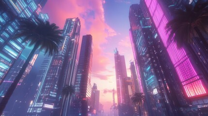 Sticker - neonsoaked cyberpunk cityscape at dusk towering skyscrapers with glowing palm tree holograms vibrant pink and blue sunset reflecting off chrome surfaces