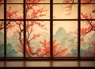Aufkleber - A serene Japanese landscape is depicted through a window, featuring a tree with vibrant red blossoms and a cityscape in the background