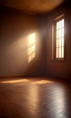 Poster - A dimly lit room with a window and wooden floor, bathed in soft light