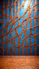 Poster - a wooden panel with a pattern of intersecting branches against a blue background