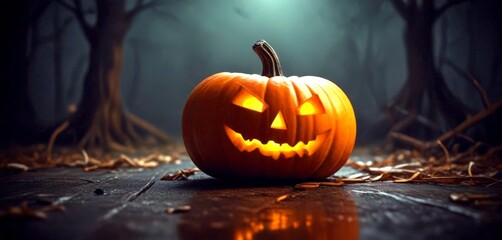 Aufkleber - A carved jack-o'-lantern with a smiling face sits on a wooden surface, surrounded by fallen leaves and a dark, foggy forest in the background