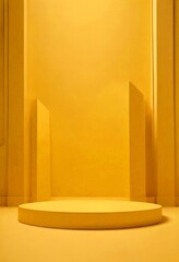 Poster - A circular podium stands in a minimalist room with a yellow wall and two vertical columns