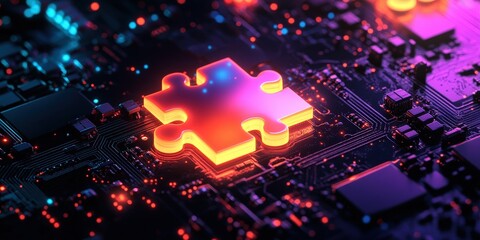 Poster - Glowing Puzzle Piece on Illuminated Circuit Board