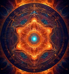 Aufkleber - a symmetrical, intricate design with a central blue and green element surrounded by a complex pattern of orange and brown lines and shapes