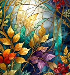 Aufkleber - a vibrant stained glass artwork featuring a lush, natural scene with leaves in various shades of green, yellow, orange, and purple, set against a backdrop of blue