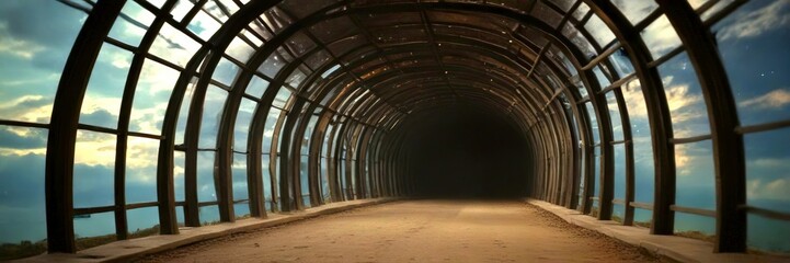 Aufkleber - a long, arched tunnel with a curved ceiling and a glass wall on either side, leading to a dark, empty space at the end