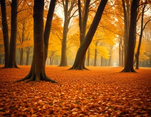 Poster - A serene autumn scene unfolds in a park, with a dense collection of trees adorned in vibrant yellow leaves, their bare branches reaching out into the misty air The ground