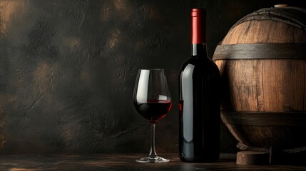 Glass of red wine, bottle, and wooden barrel on rustic background.