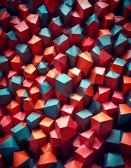 Aufkleber - a vibrant and abstract composition of numerous cubes in various shades of red, orange, and blue, arranged in a seemingly random yet visually striking manner