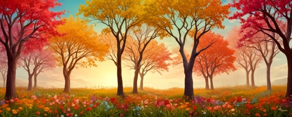 Aufkleber - A serene autumnal forest scene with vibrant trees and a colorful meadow in the foreground