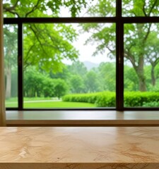 Poster - A wooden table sits in the foreground, with a large window in the background offering a view lush, verdant landscape of trees and a grassy area