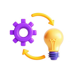 Poster - A vibrant 3D illustration featuring a purple gear and a yellow lightbulb, symbolizing ideas and innovation in an isolated setting.