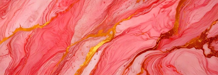 Poster - a marble-like pattern with pink and gold hues, featuring swirling and flowing lines that create a sense of movement and depth