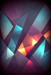 Poster - a dark, abstract background composed of overlapping triangular shapes in various shades of green, blue, orange, and red, creating a visually striking and dynamic composition