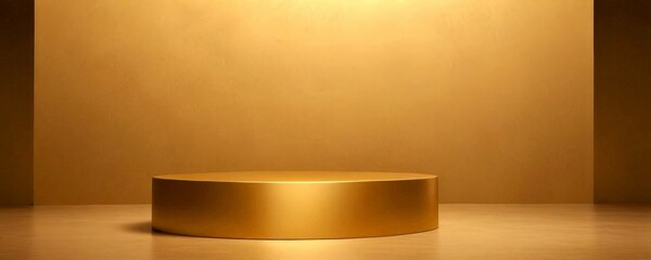 Leinwandbilder - A golden circular podium stands alone in a dimly lit room, casting a subtle shadow on the floor