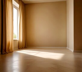 Poster - An empty room with a window, curtains, and a light-colored floor, bathed in natural light