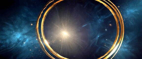 Aufkleber - a circular frame with a golden border, set against a dark background with swirling blue and black hues