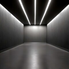 Aufkleber - A long, empty room with a minimalist design, featuring a high ceiling with three parallel white lights and a concrete floor