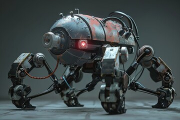 Poster - Futuristic robot dog is walking on a grey background, 3d render