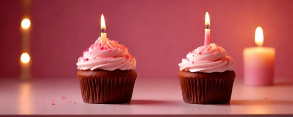 Poster - Two cupcakes with pink frosting and sprinkles sit on a pink surface, each with a single lit candle