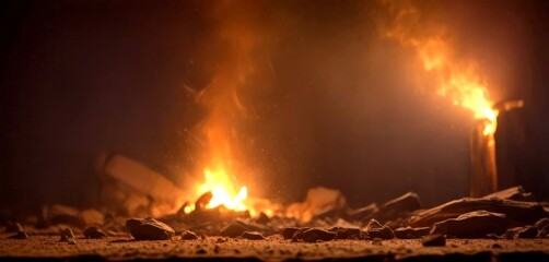 Poster - a dramatic scene fire burning in the night, with the flames and smoke creating a sense of movement and intensity