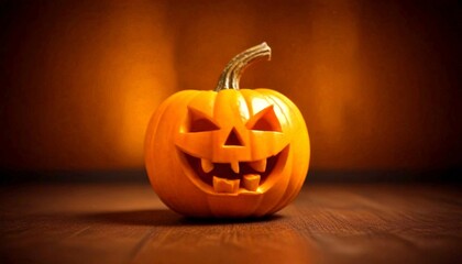 Aufkleber - A carved pumpkin with a carved face and fangs sits on a wooden surface, illuminated by a warm orange light