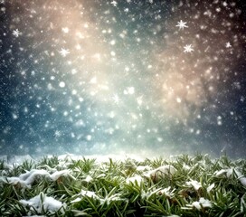 Aufkleber - A serene winter scene with snowflakes falling gently on a field of green grass, creating a peaceful and tranquil atmosphere