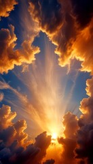 Poster - A breathtaking sunset scene with dramatic clouds illuminated by the sun's rays, creating a stunning display of colors and light
