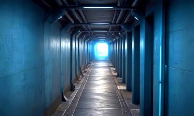 Aufkleber - A long, dimly lit corridor with a single light source at the end, creating a sense of mystery and anticipation