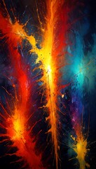 Aufkleber - an abstract digital artwork featuring a vibrant explosion of colors, including red, orange, yellow, and blue, against a dark background