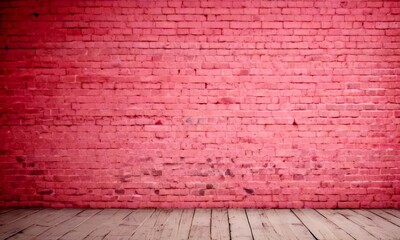 Poster - A pink brick wall with a wooden floor in the foreground