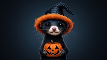 Wall Mural - Adorable animal in a witch hat holding a pumpkin on a dark background.