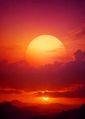 Aufkleber - A breathtaking sunset over a mountainous landscape, with the sun partially obscured by clouds and casting a warm, golden glow across the scene