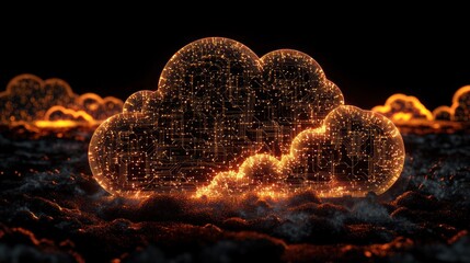 Wall Mural - Glowing orange cloud shaped circuit board on a black background with smoke and sparks.