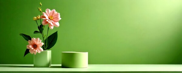 Poster - Two pink flowers in a green vase sit on a light green shelf against a green wall