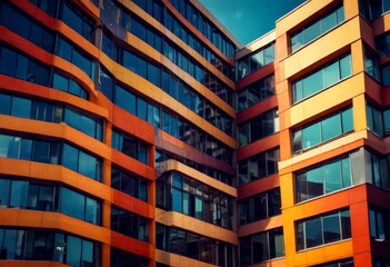 Aufkleber - a modern, multi-story building with a striking facade featuring a series of windows in various shades of orange, yellow, and red, set against a clear blue sky