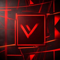 Poster - a striking red and black abstract design with a prominent red V-shaped symbol in the center, surrounded by intersecting red lines and geometric shapes